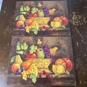 Vintage Pair Cork Back Fruit Still Life Placemats Hardboard Basket Grapes Apples